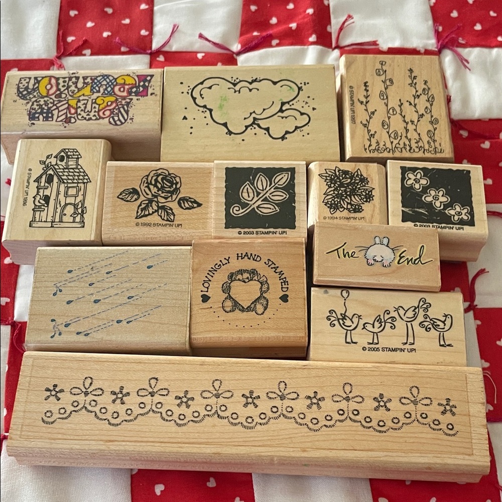 Wooden Rubber Stamp Set with Floral and Nature Designs Preowned Crafting